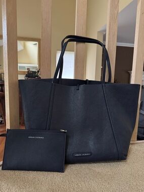 Armani Exchange Navy Pebbled Leather Tote with Zip Pouch